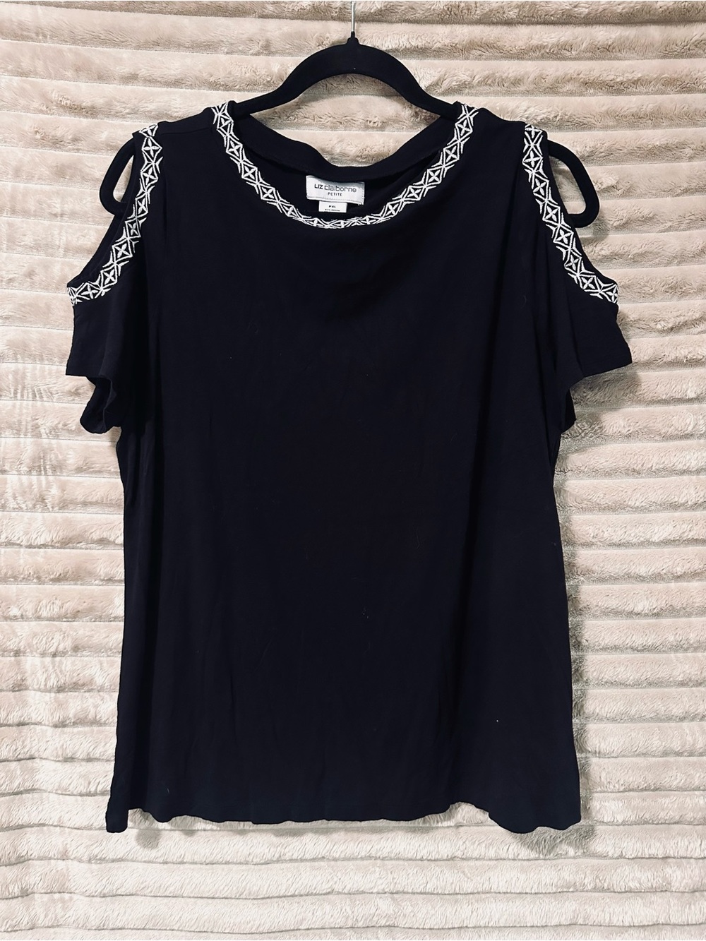 Liz Claiborne Black Cold-Shoulder Top with embroidered trim